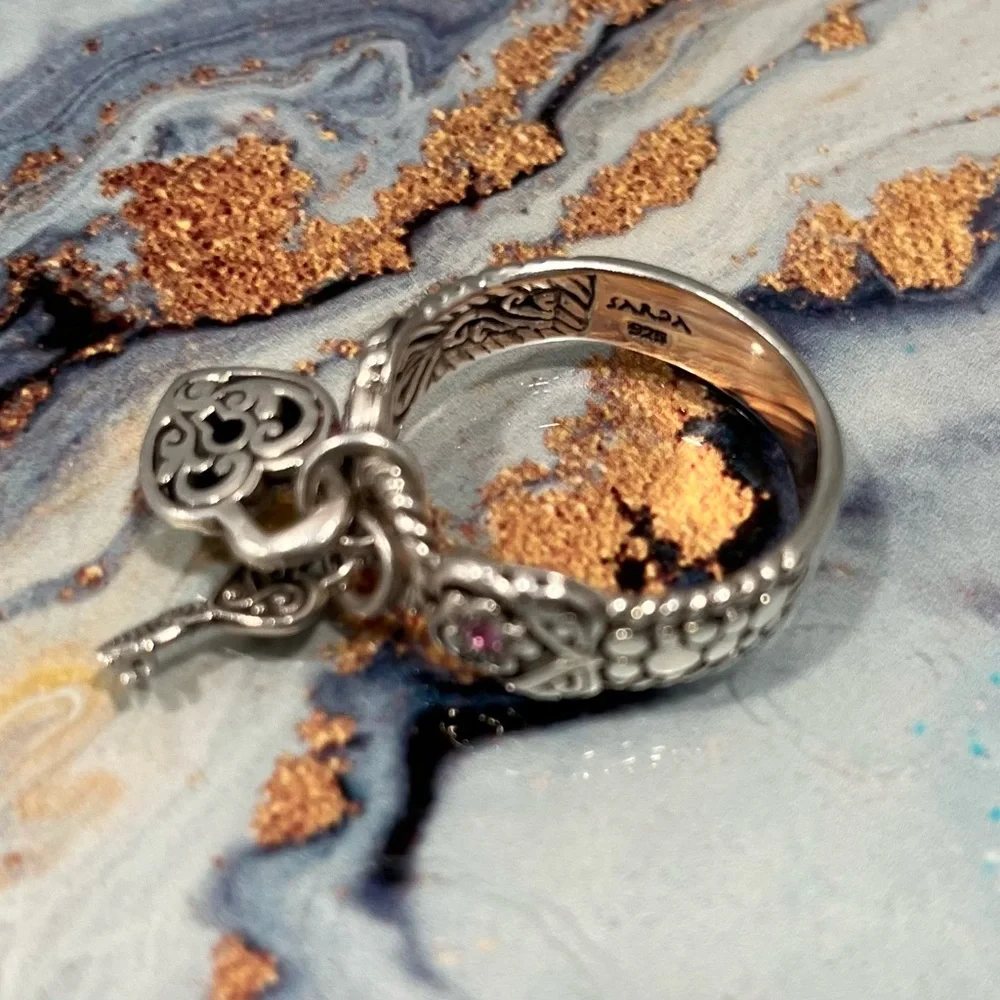 SARDA lock and key charm ring size 10 with micro set pink sapphires